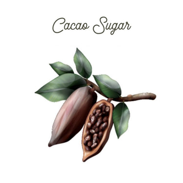 Illustration of a cacao pod on a branch with green leaves—one whole, one split open to show beans. Above, the text 🍫 Cacao Sugar evokes chocolatey warmth and the sweetness of finishing sugar.